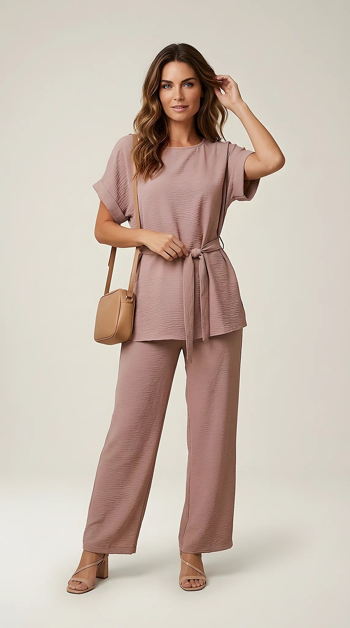 Compleu de damă elegant-casual din două piese, culoare bej-maroniu, cu bluză lejeră, mâneci scurte și pantaloni largi, cordon în talie și textură creponată