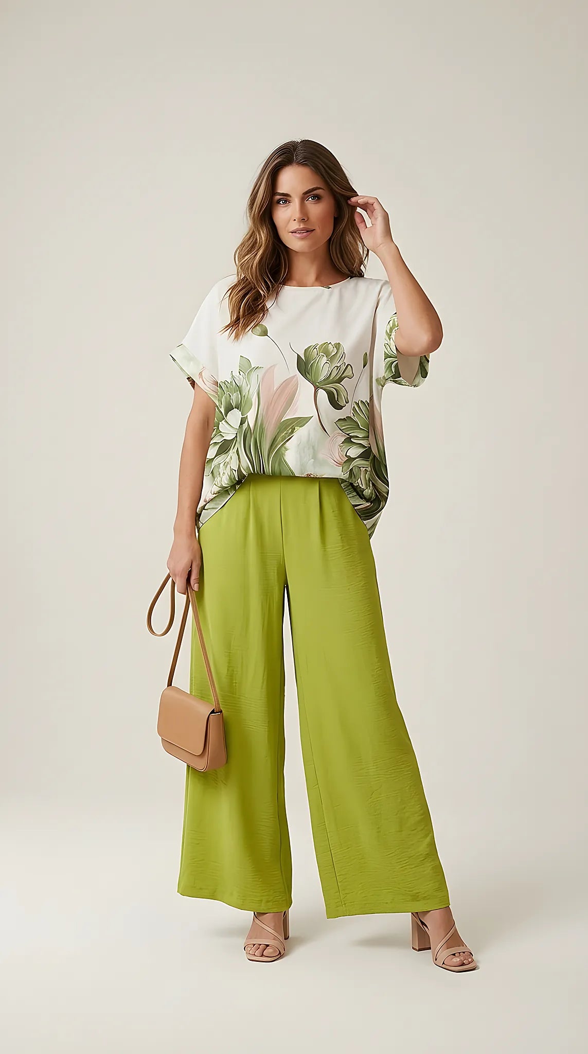 Compleu de damă elegant din două piese cu bluză cu imprimeu floral botanic și pantaloni palazzo verzi
