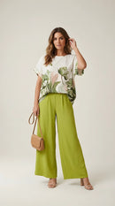 Compleu de damă elegant din două piese cu bluză cu imprimeu floral botanic și pantaloni palazzo verzi