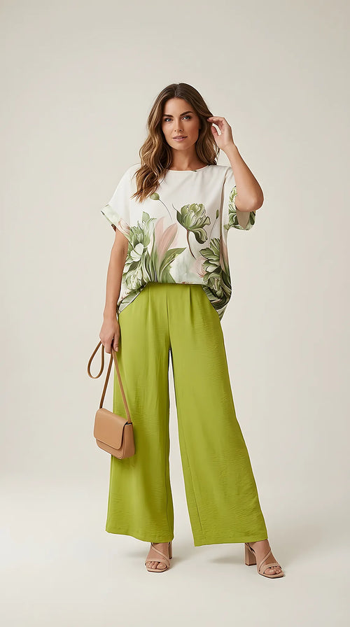 Compleu de damă elegant din două piese cu bluză cu imprimeu floral botanic și pantaloni palazzo verzi