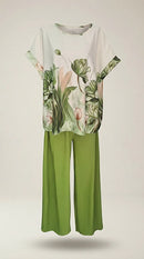 Compleu de damă elegant din două piese cu bluză cu imprimeu floral botanic și pantaloni palazzo verzi