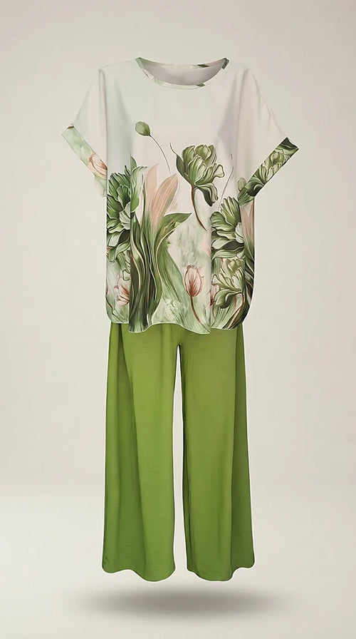 Compleu de damă elegant din două piese cu bluză cu imprimeu floral botanic și pantaloni palazzo verzi