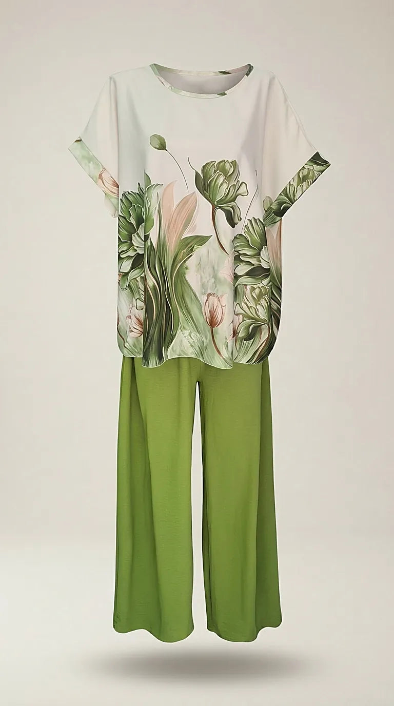 Compleu de damă elegant din două piese cu bluză cu imprimeu floral botanic și pantaloni palazzo verzi