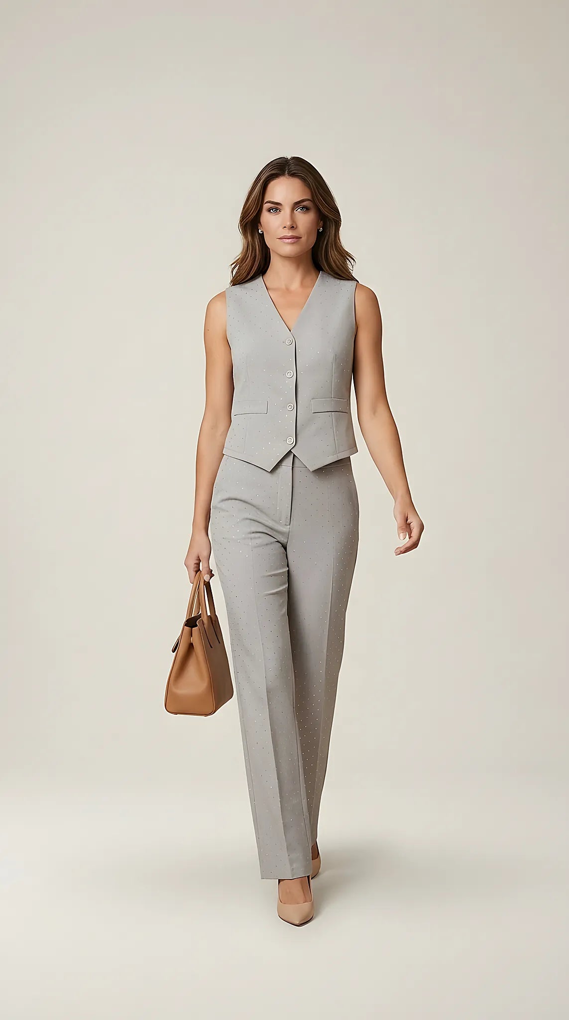 Compleu elegant damă gri din două piese cu vestă și pantaloni drepți, decorat cu strasuri discrete