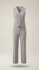 Compleu elegant damă gri din două piese cu vestă și pantaloni drepți, decorat cu strasuri discrete
