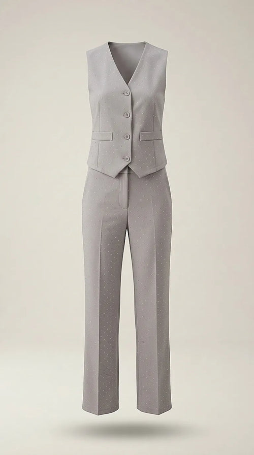 Compleu elegant damă gri din două piese cu vestă și pantaloni drepți, decorat cu strasuri discrete
