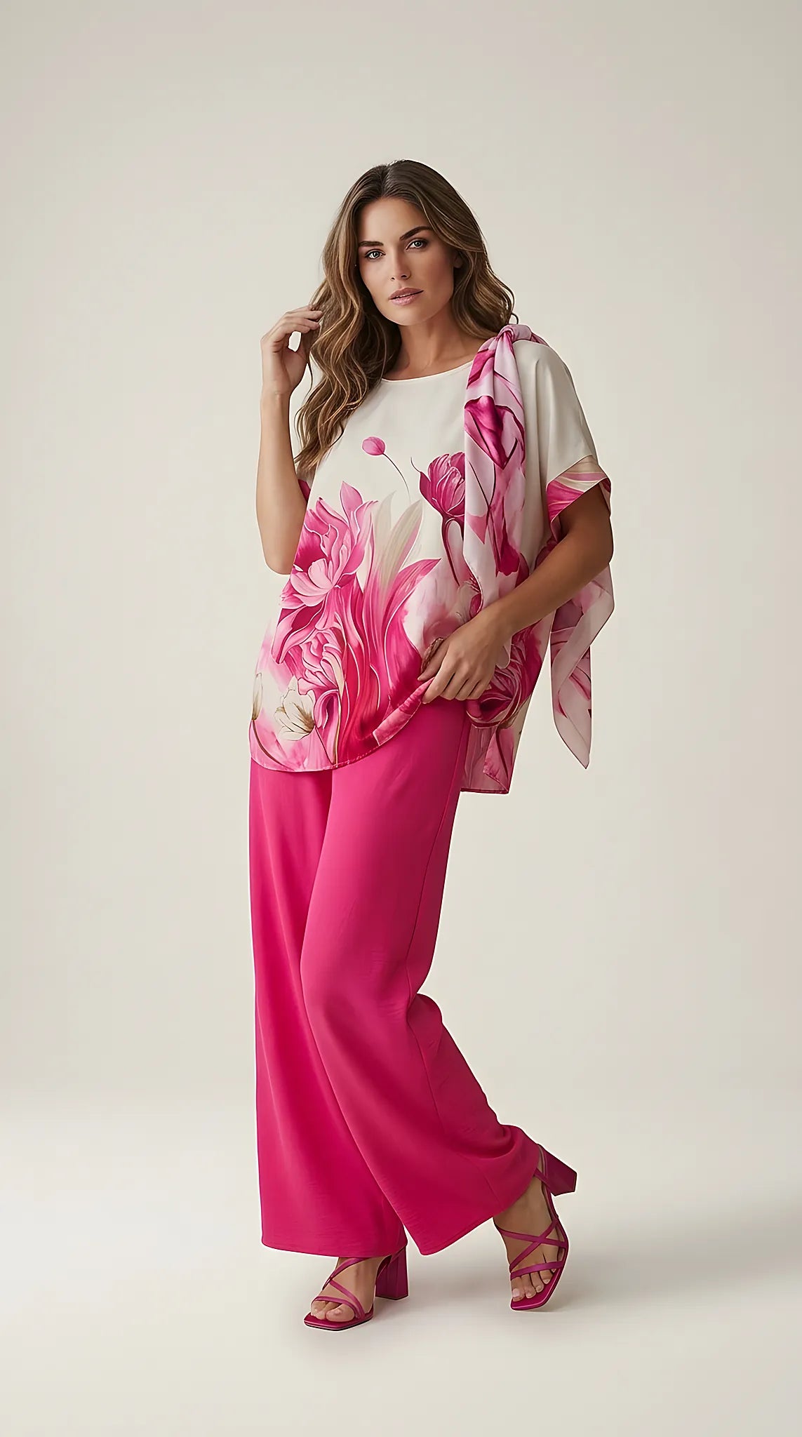 Compleu elegant de damă din două piese, cu bluză albă vaporoasă cu imprimeu floral roz și pantaloni evazați fucsia