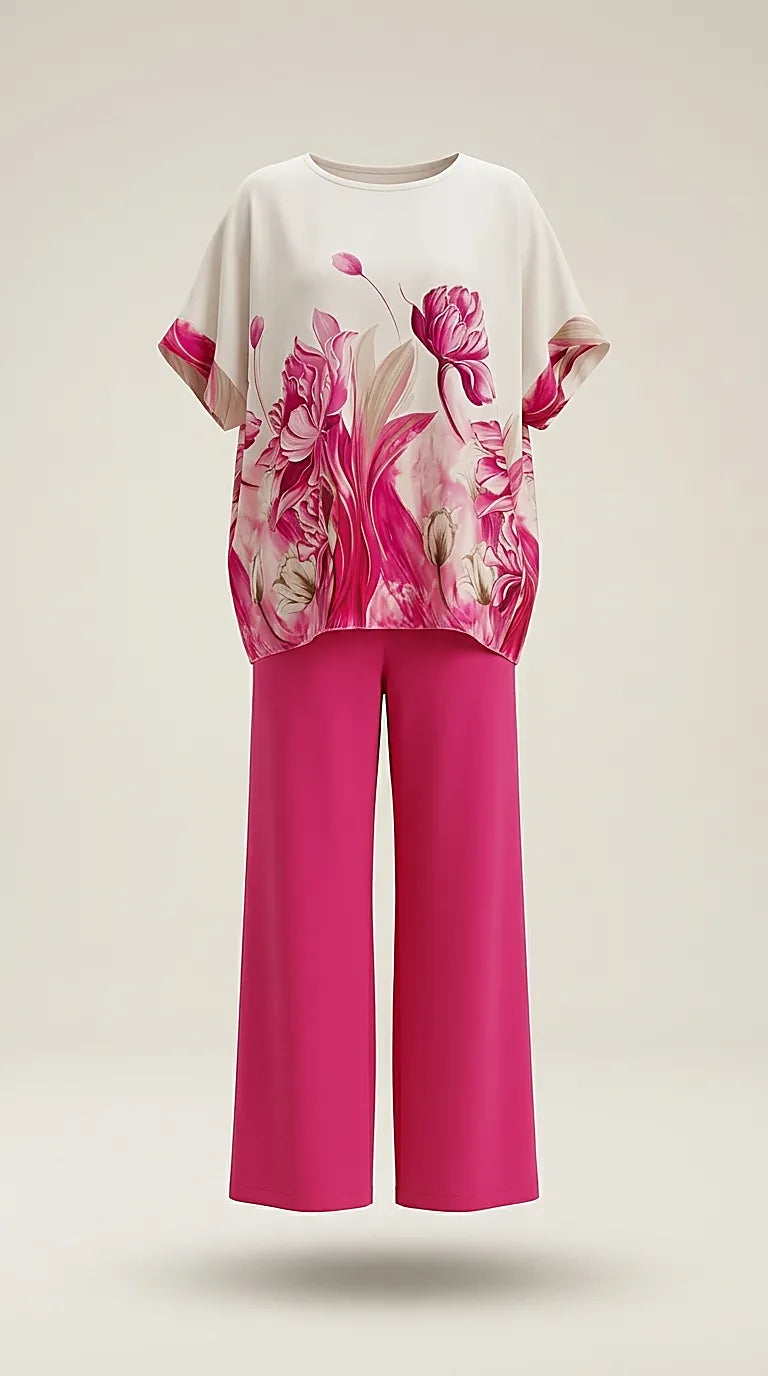 Compleu elegant de damă din două piese, cu bluză albă vaporoasă cu imprimeu floral roz și pantaloni evazați fucsia