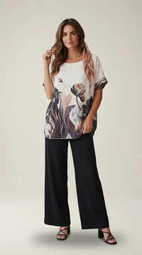 Compleu elegant de damă din două piese cu pantaloni palazzo negri și bluză ivoire cu imprimeu floral artistic | Mira Style