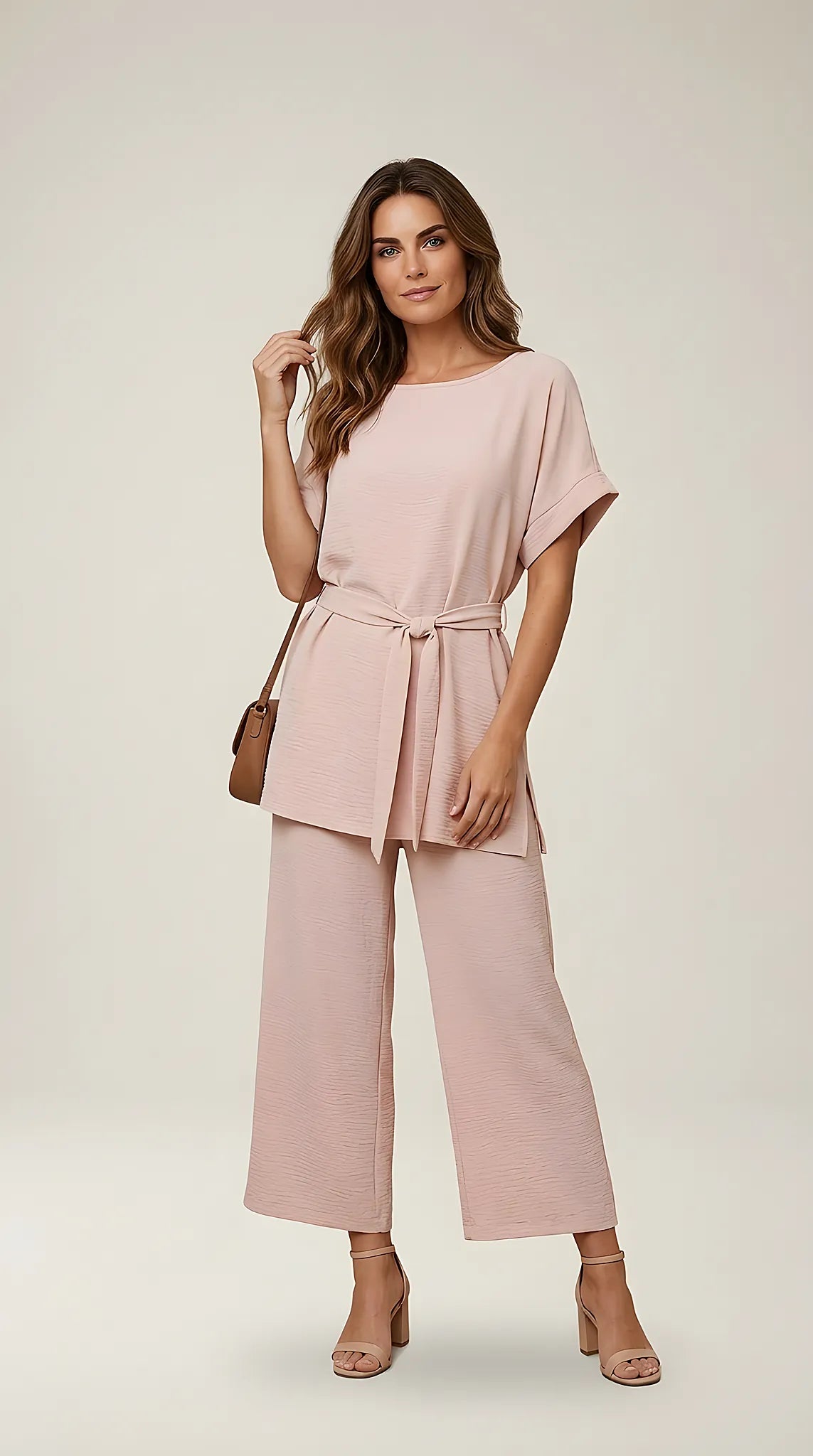 Compleu elegant de damă din două piese, culoare roz pudrat, cu top tip tunică și cordon în talie și pantaloni culottes
