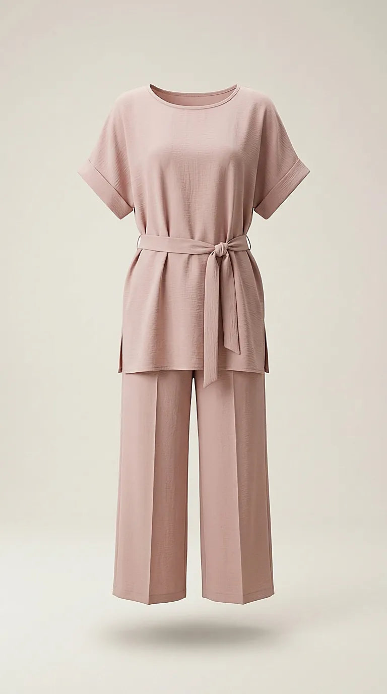 Compleu elegant de damă din două piese, culoare roz pudrat, cu top tip tunică și cordon în talie și pantaloni culottes