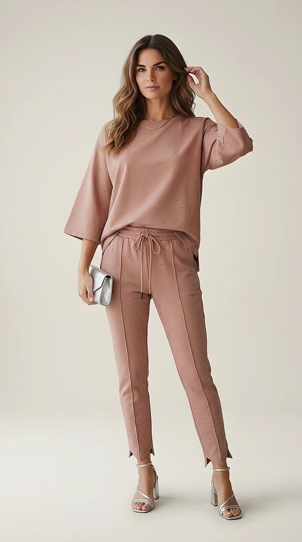 Compleu elegant de damă din două piese roz prăfuit cu inserții de pietricele strălucitoare, bluză lejeră cu mânecă 3/4 și pantaloni cu tiv asimetric
