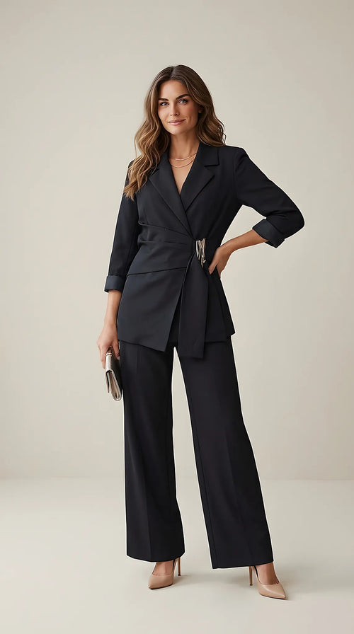 Compleu elegant de damă negru, format din sacou tip blazer cu rever și cataramă aurie și pantaloni evazați