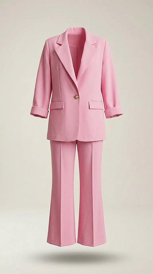 Compleu elegant de damă roz, format din sacou și pantaloni evazați, costum office-casual cu nasture bijuterie auriu