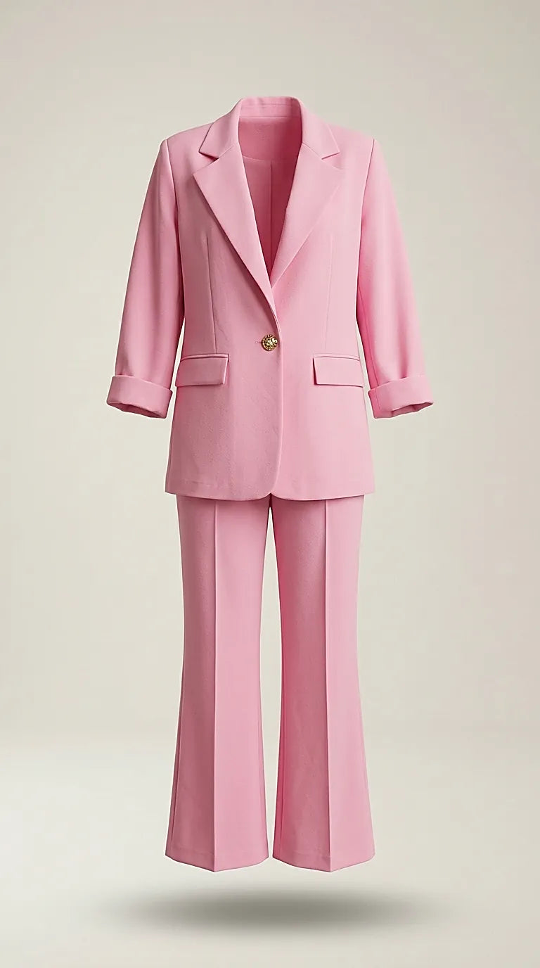 Compleu elegant de damă roz, format din sacou și pantaloni evazați, costum office-casual cu nasture bijuterie auriu
