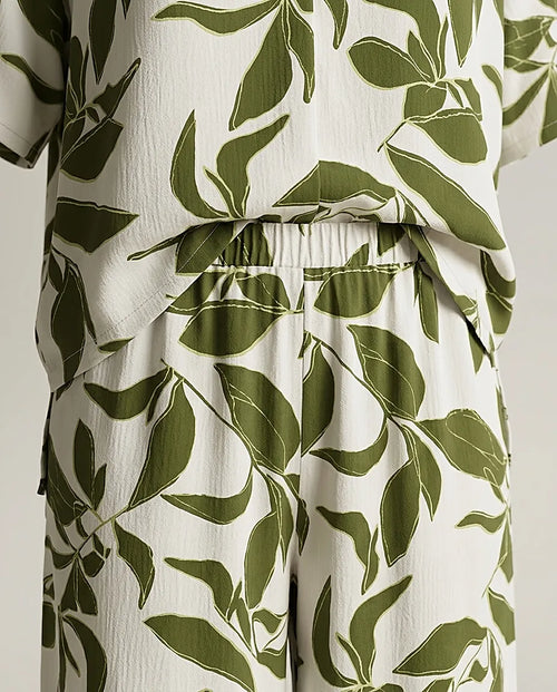 Compleu elegant de vară din două piese pentru femei, cămașă cu guler și mânecă scurtă și pantaloni palazzo cu imprimeu botanic verde