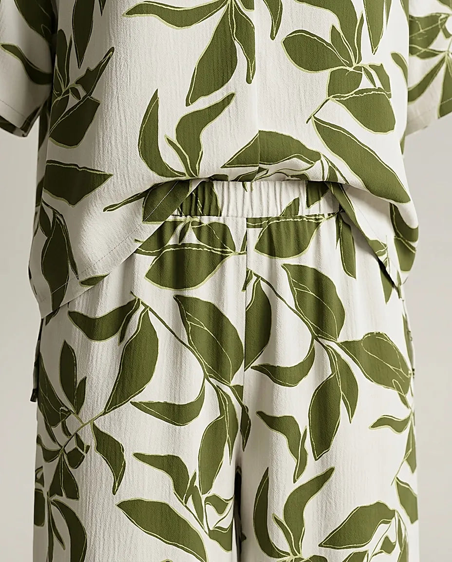 Compleu elegant de vară din două piese pentru femei, cămașă cu guler și mânecă scurtă și pantaloni palazzo cu imprimeu botanic verde