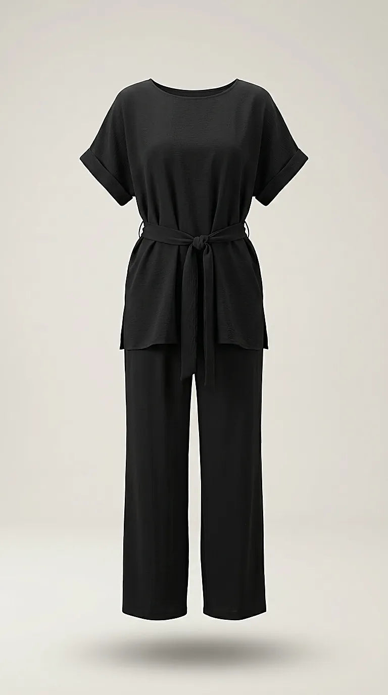 Compleu elegant negru de damă din două piese, cu top lejer cu cordon în talie și pantaloni largi, ținută versatilă casual-chic