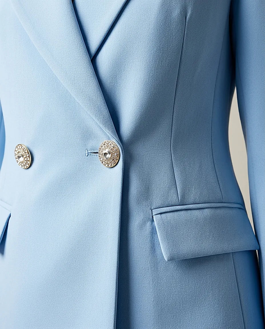 Costum damă elegant baby blue, set două piese cu sacou cu mâneci despicate tip pelerină și nasturi bijuterie