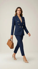 Costum elegant de damă bleumarin, două piese, cu sacou cambrat double-breasted și nasturi aurii, și pantaloni office