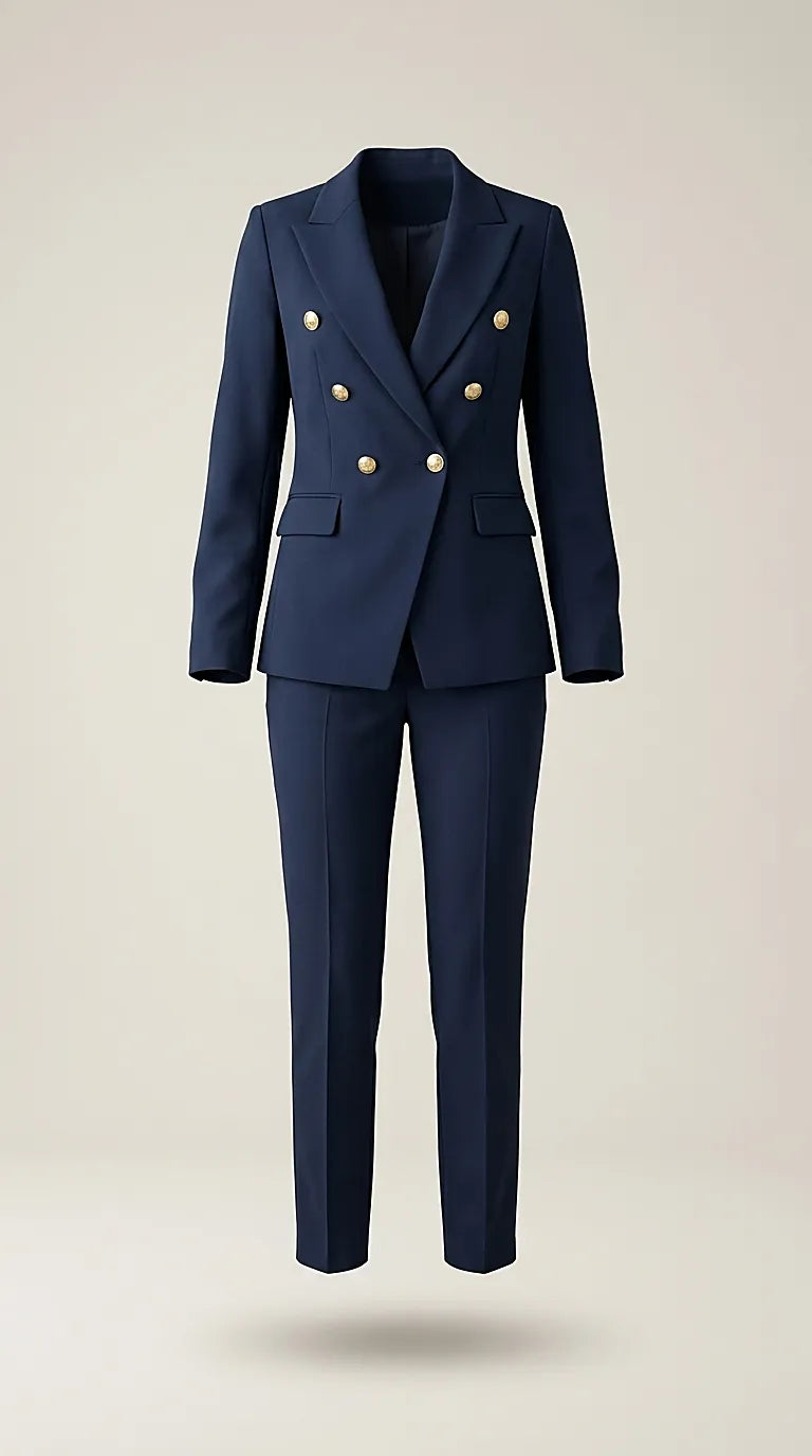 Costum elegant de damă bleumarin, două piese, cu sacou cambrat double-breasted și nasturi aurii, și pantaloni office