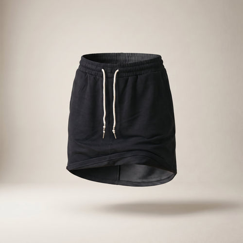 Fustă-pantaloni mini cu șnur, neagră — vedere din față
