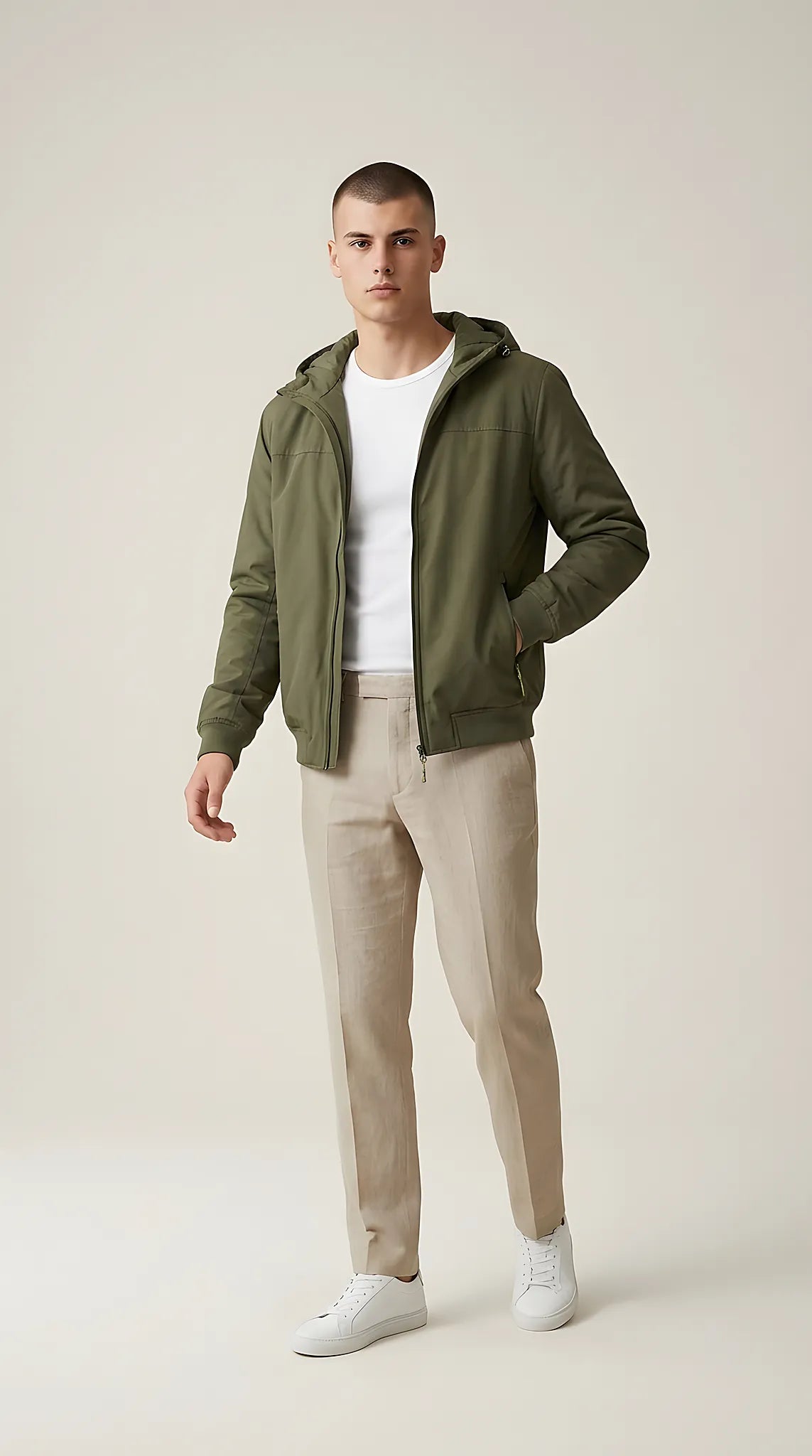 Geacă bomber pentru bărbați verde kaki cu glugă și fermoar, stil casual-sport | Mira Style