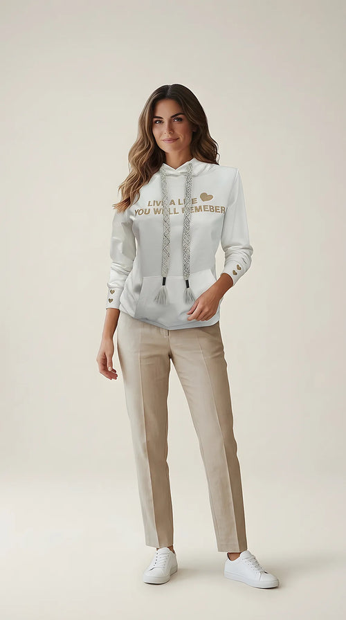 Hanorac de damă alb cu glugă și broderie aurie 'live a life you will remember', șnururi decorative împletite și detalii cu inimioare