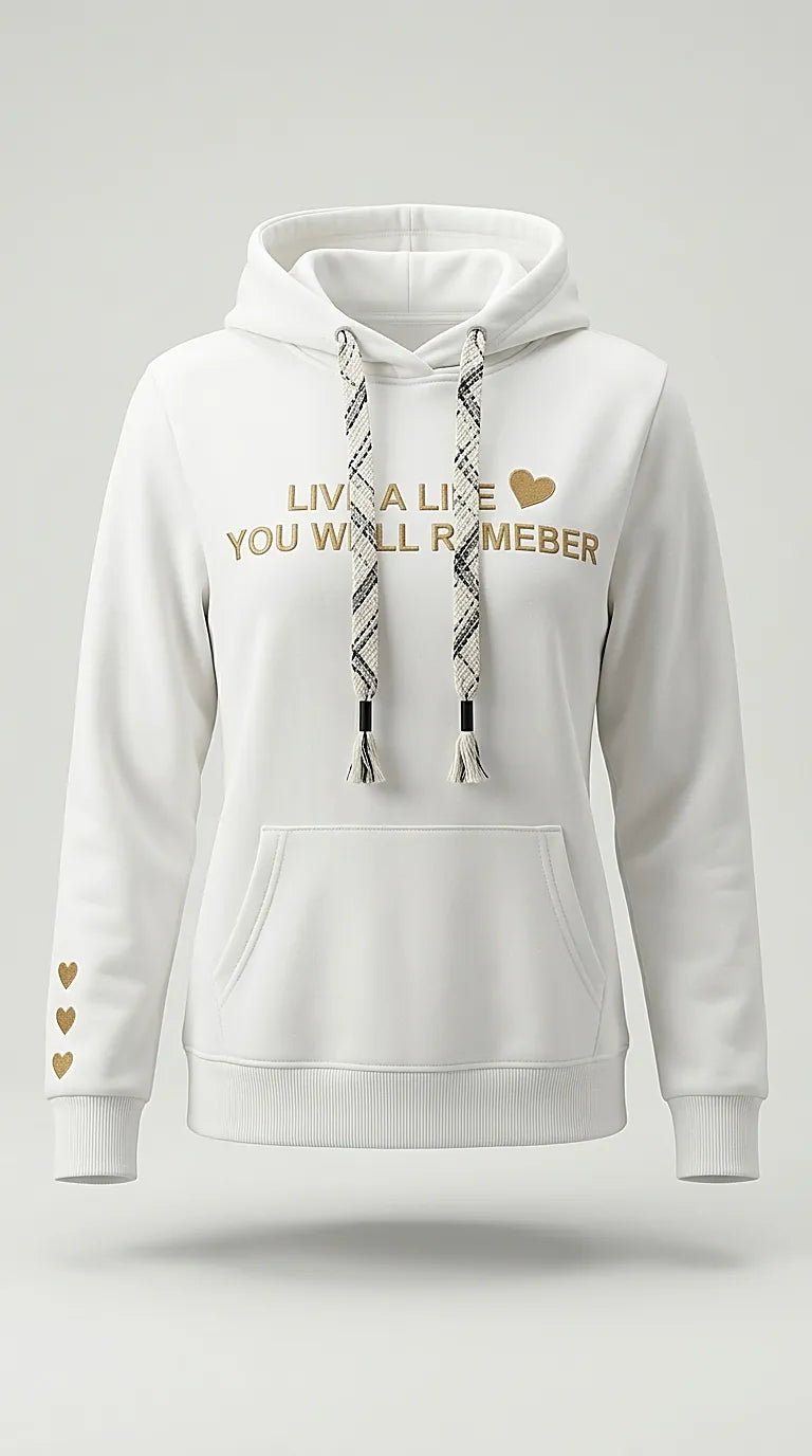 Hanorac de damă alb cu glugă și broderie aurie 'live a life you will remember', șnururi decorative împletite și detalii cu inimioare