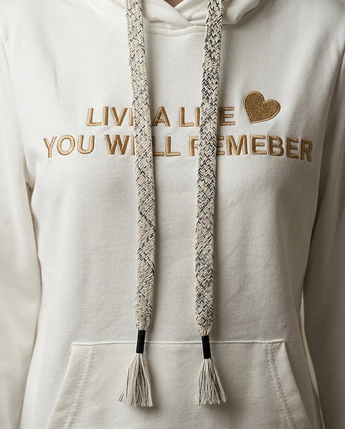 Hanorac de damă alb cu glugă și broderie aurie 'live a life you will remember', șnururi decorative împletite și detalii cu inimioare