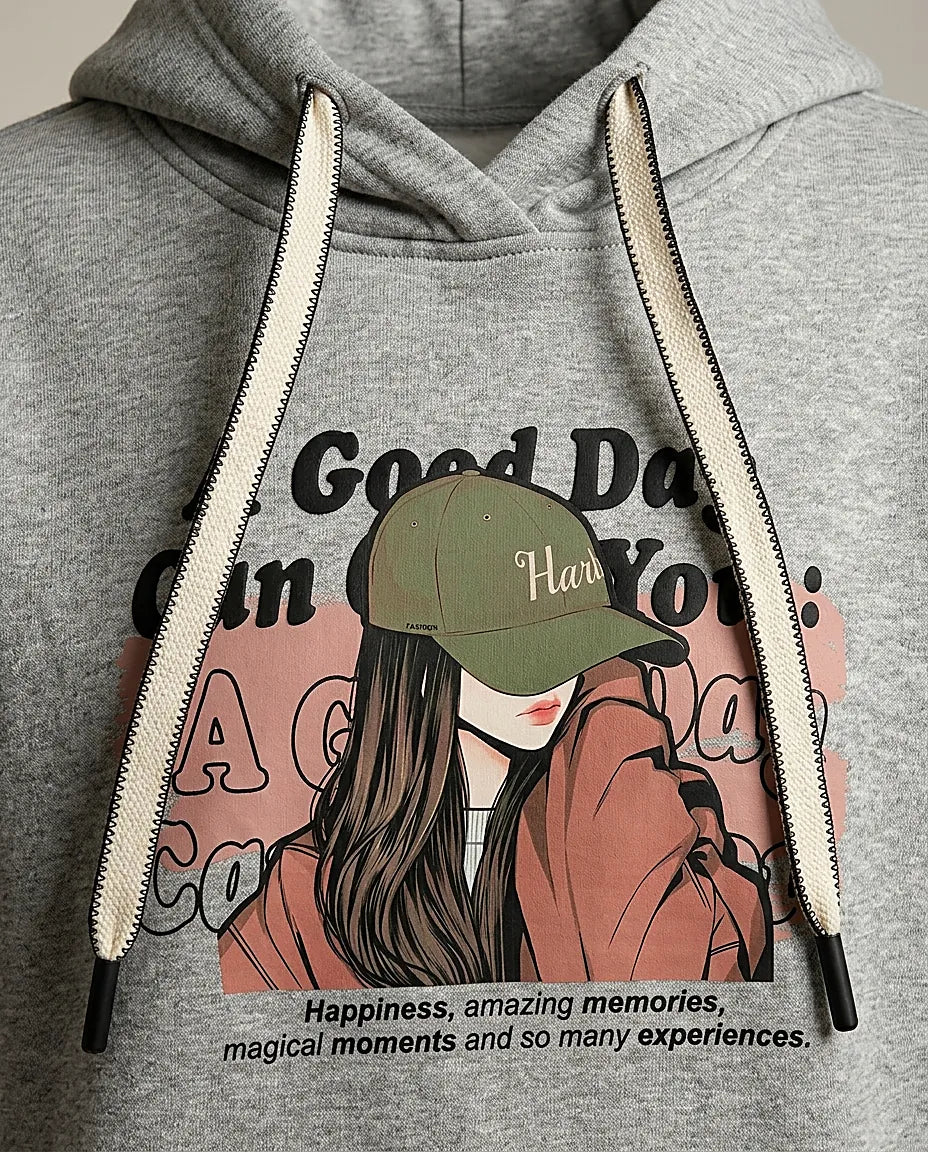 Hanorac de damă gri melanj cu glugă și imprimeu grafic 'a good day', stil casual-urban