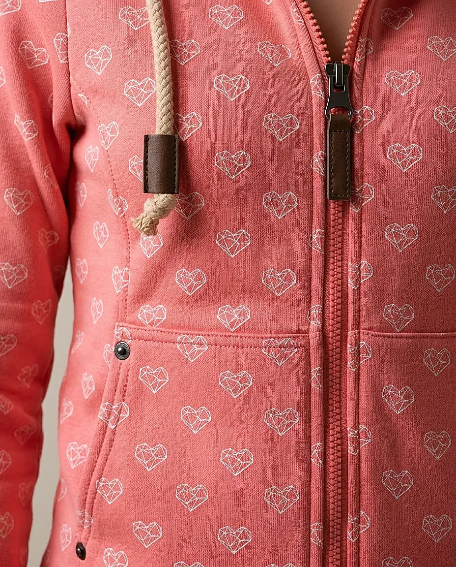 Hanorac de damă roz cu glugă și fermoar, imprimeu cu inimioare geometrice albe, stil casual