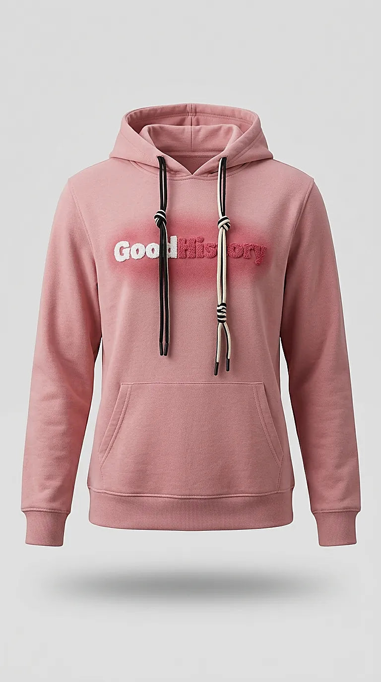 Hanorac de damă roz 'good history' cu glugă și buzunar kangaroo, design modern cu textură și șnururi decorative | Mira Style