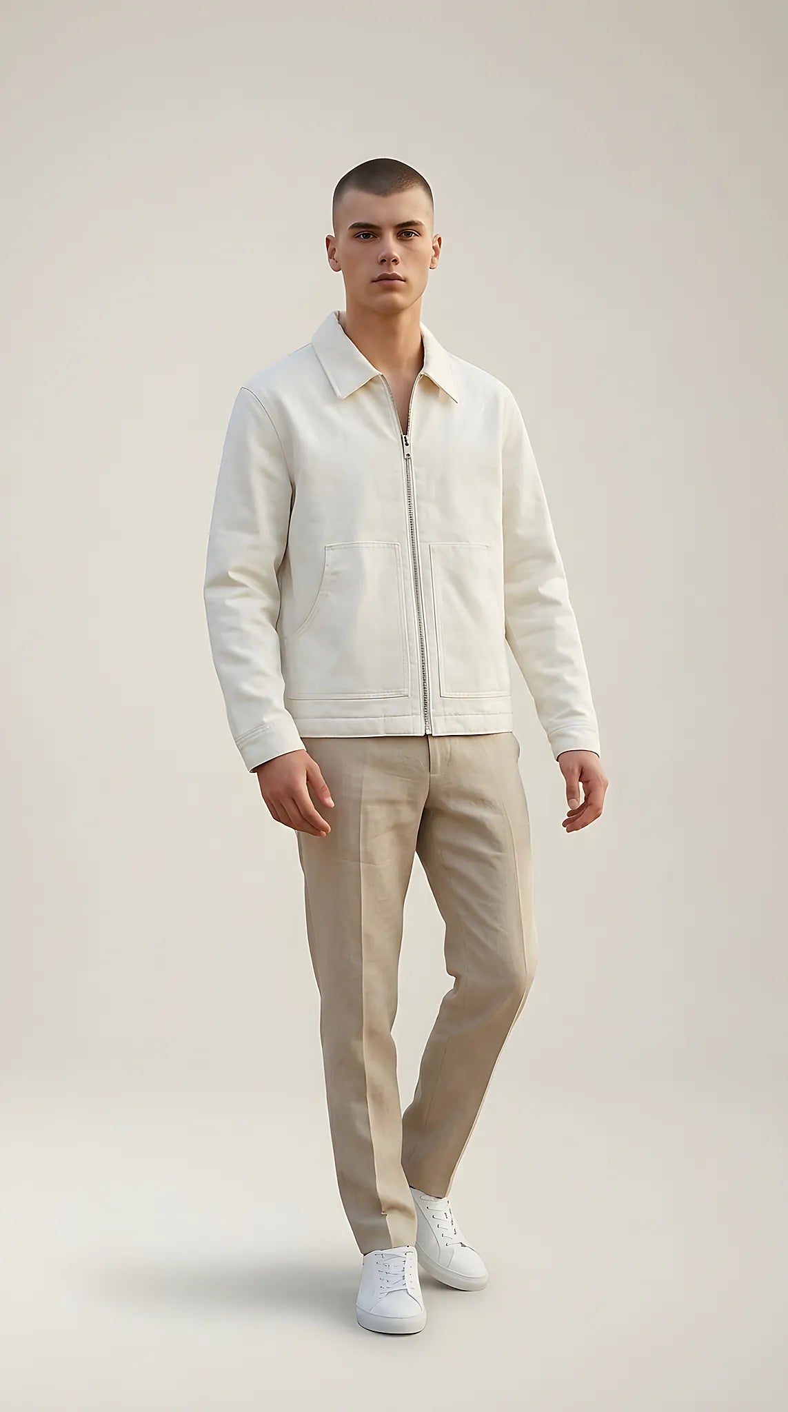 Jachetă bărbați jack & jones albă stil workwear din bumbac cu fermoar și guler clasic | Mira Style