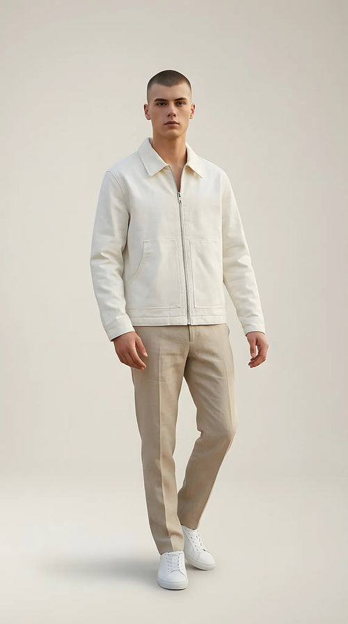 Jachetă bărbați jack & jones albă stil workwear din bumbac cu fermoar și guler clasic