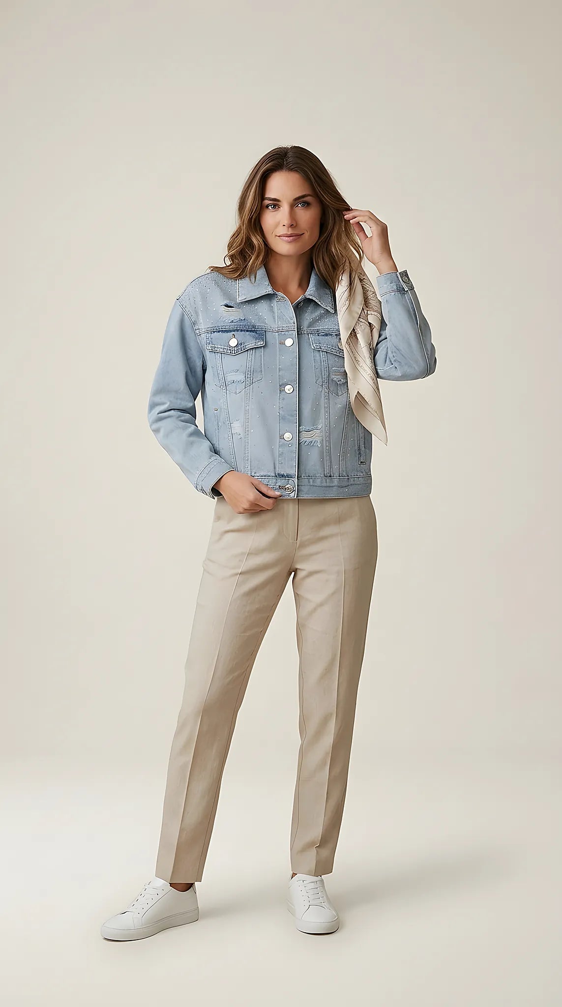 Jachetă de blugi pentru femei, light blue, cu pietricele strălucitoare și detalii distressed, stil casual-chic | Mira Style