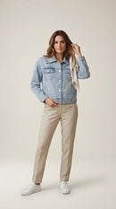 Jachetă de blugi pentru femei, light blue, cu pietricele strălucitoare și detalii distressed, stil casual-chic