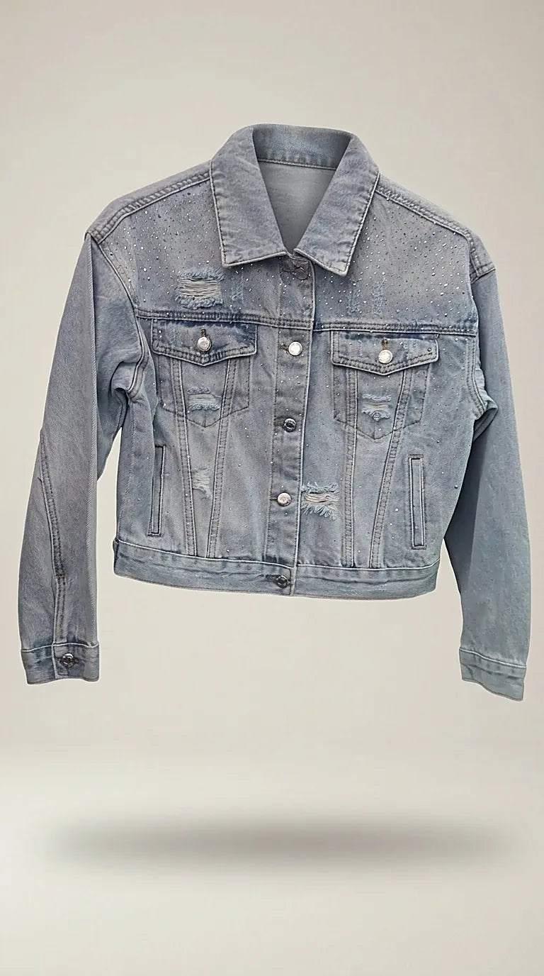Jachetă de blugi pentru femei, light blue, cu pietricele strălucitoare și detalii distressed, stil casual-chic | Mira Style