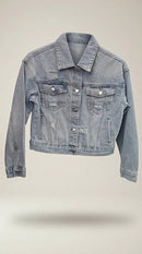 Jachetă de blugi pentru femei, light blue, cu pietricele strălucitoare și detalii distressed, stil casual-chic