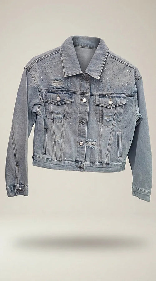 Jachetă de blugi pentru femei, light blue, cu pietricele strălucitoare și detalii distressed, stil casual-chic