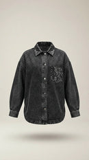Jachetă oversized din denim negru pentru femei cu inserții sclipitoare pe buzunar și guler, stil modern pentru ținute urbane și de seară