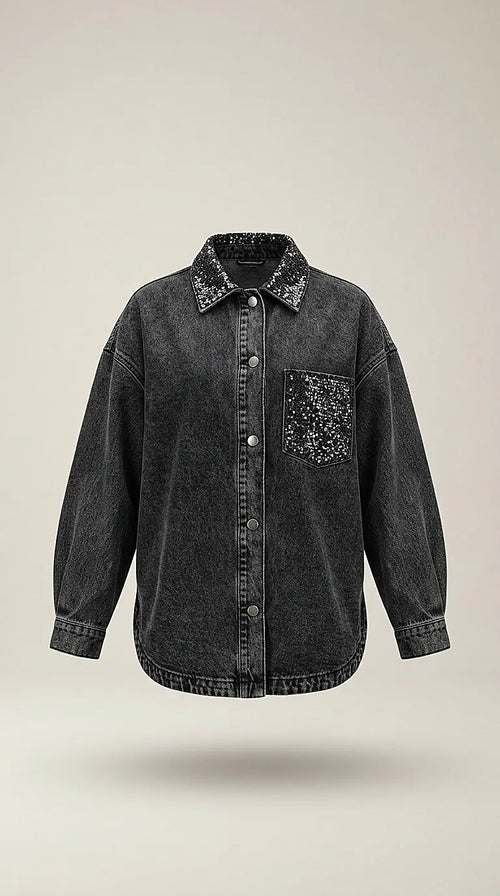 Jachetă oversized din denim negru pentru femei cu inserții sclipitoare pe buzunar și guler, stil modern pentru ținute urbane și de seară