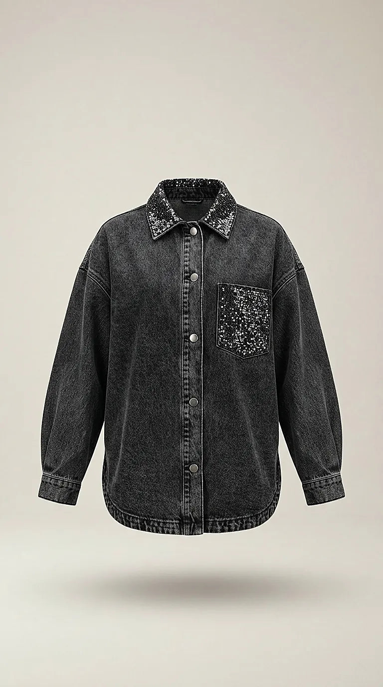 Jachetă oversized din denim negru pentru femei cu inserții sclipitoare pe buzunar și guler, stil modern pentru ținute urbane și de seară | Mira Style