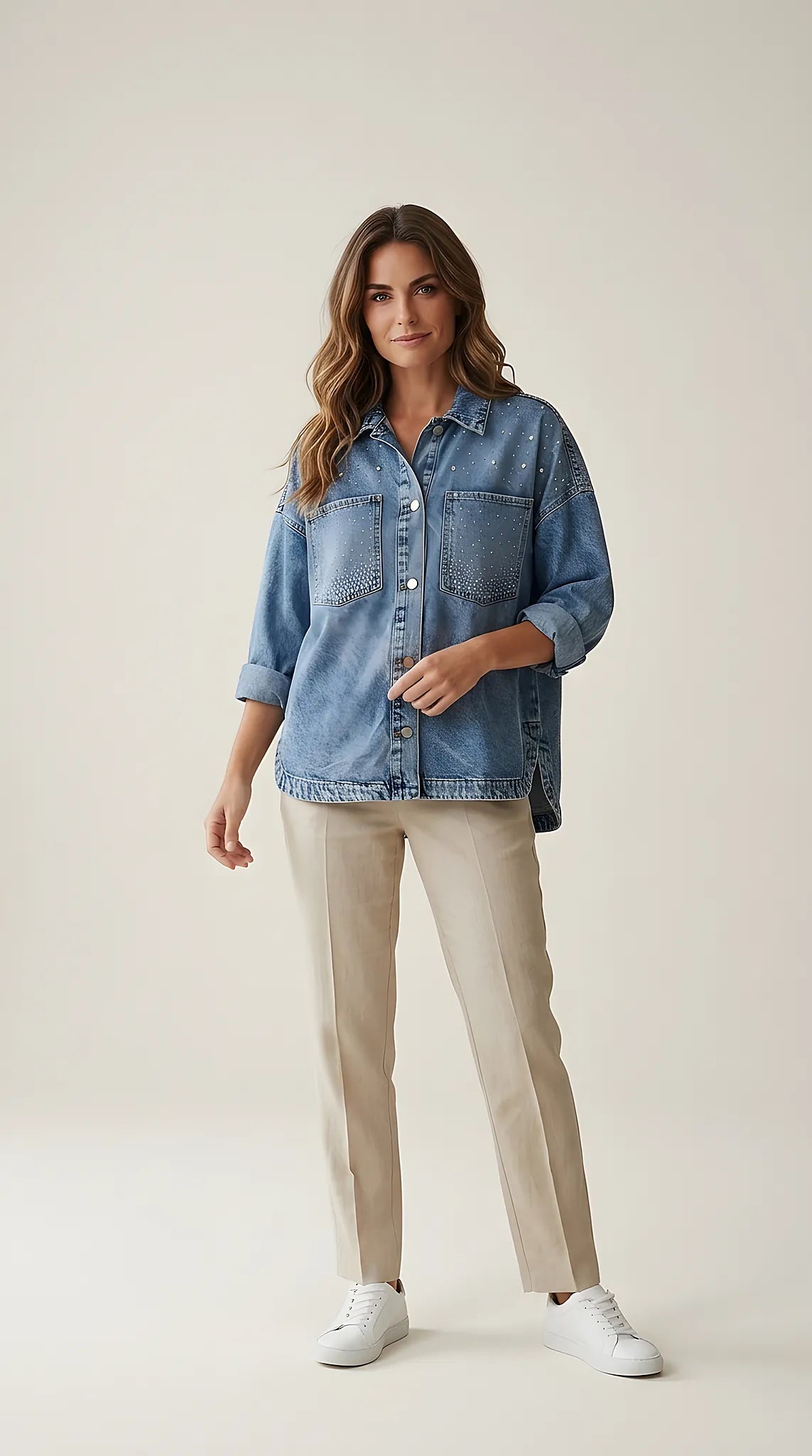 Jachetă tip cămașă oversized din denim stonewashed, cu aplicații de cristale și pietricele, stil fashion urban | Mira Style