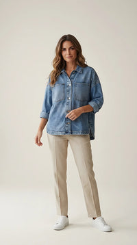 Jachetă tip cămașă oversized din denim stonewashed, cu aplicații de cristale și pietricele, stil fashion urban | Mira Style