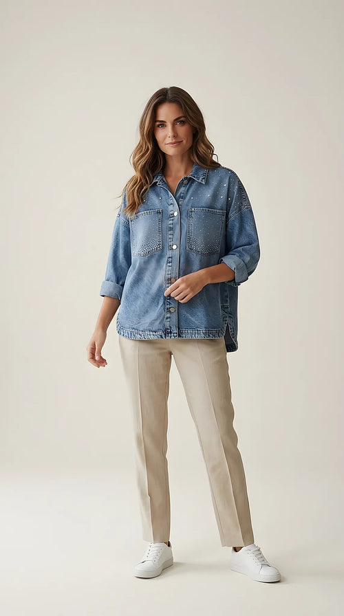 Jachetă tip cămașă oversized din denim stonewashed, cu aplicații de cristale și pietricele, stil fashion urban