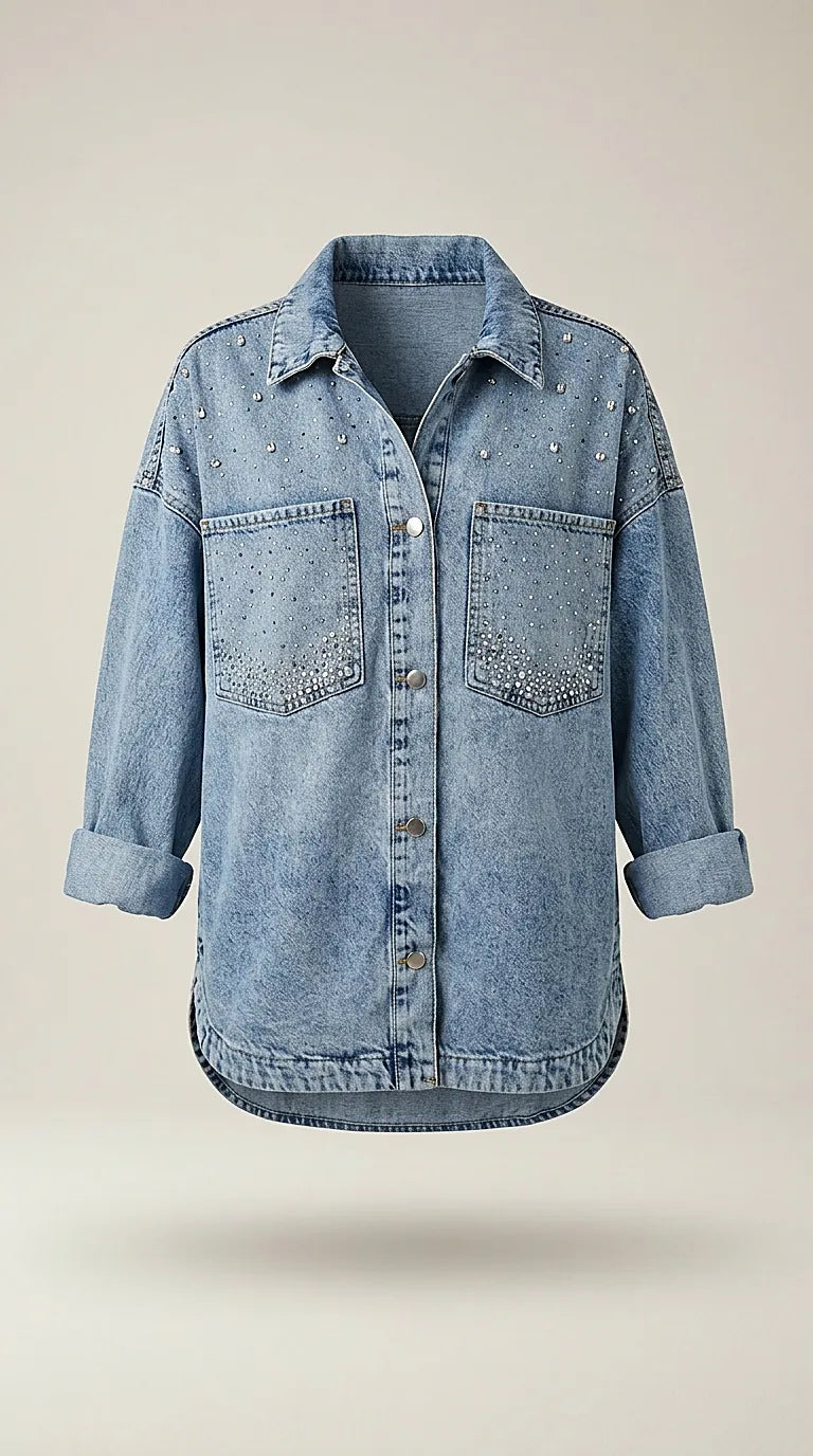 Jachetă tip cămașă oversized din denim stonewashed, cu aplicații de cristale și pietricele, stil fashion urban | Mira Style