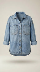 Jachetă tip cămașă oversized din denim stonewashed, cu aplicații de cristale și pietricele, stil fashion urban