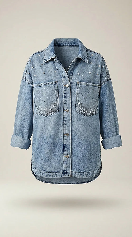 Jachetă tip cămașă oversized din denim stonewashed, cu aplicații de cristale și pietricele, stil fashion urban
