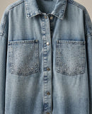 Jachetă tip cămașă oversized din denim stonewashed, cu aplicații de cristale și pietricele, stil fashion urban